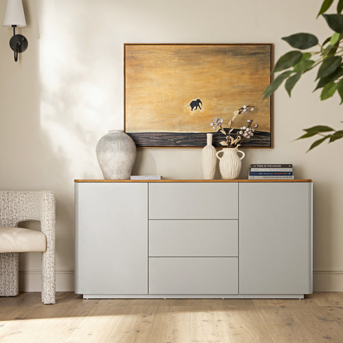 Agnes Curved Edge 2 Door 3 Drawer Wide Sideboard, Dove Gray with Oak Top
